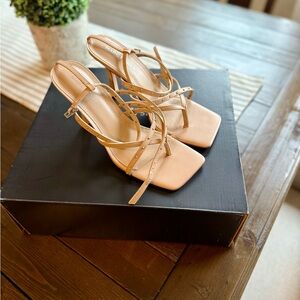 Marc Fisher Cream Strappy Sandals with Square Toe and Medium Heel